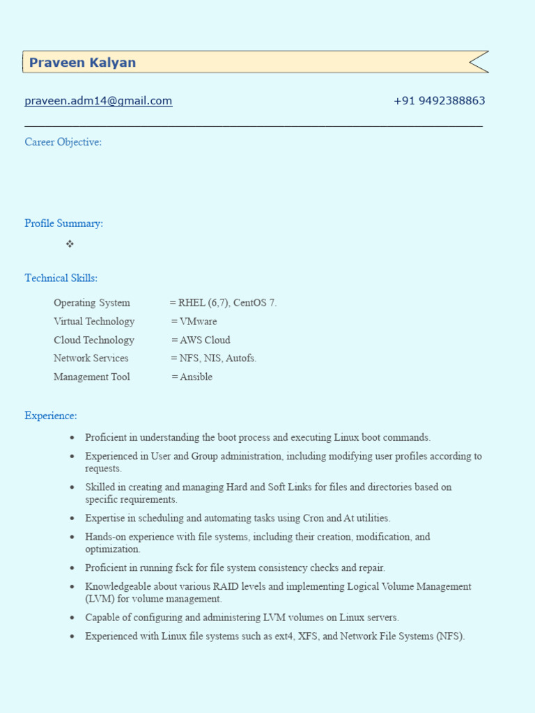 Linux Administrator Resume Summary | PDF | File System | Computer ...