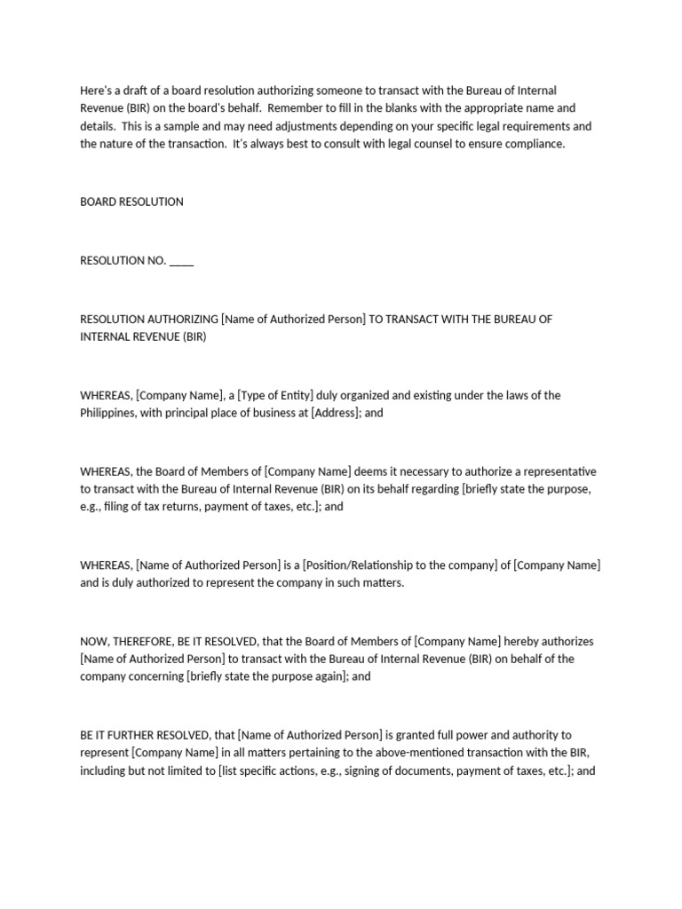Board Resolution for BIR Authorization | PDF