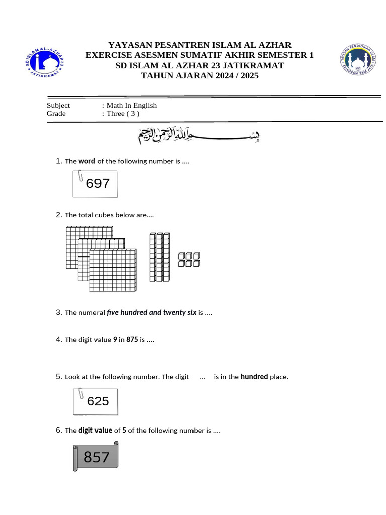 Math Assessment for SD Al Azhar 23 | PDF