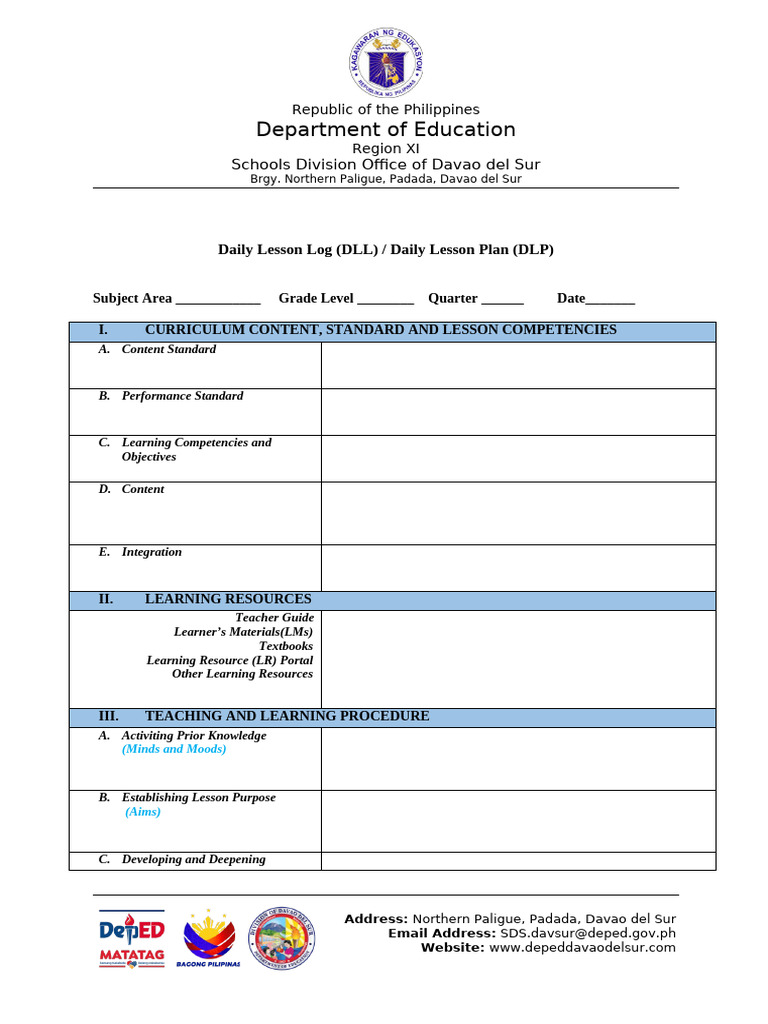 Daily Lesson Plan Template Davao del Sur | PDF | Lesson Plan | Learning
