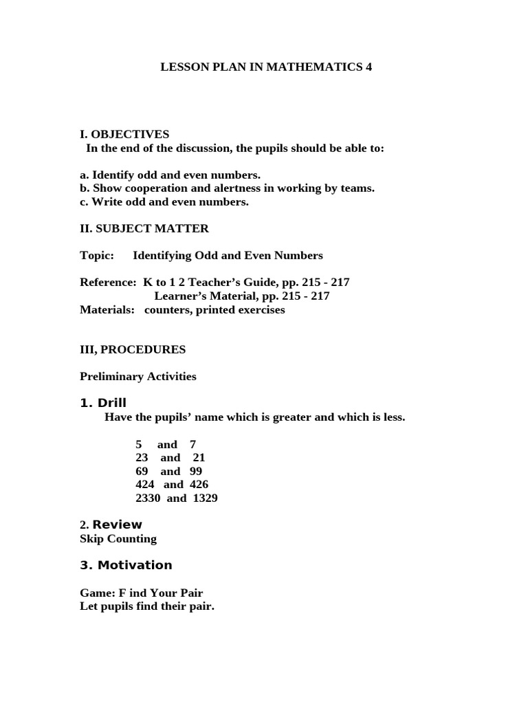 Odd and Even Numbers Lesson Plan | PDF | Lesson Plan | Teaching