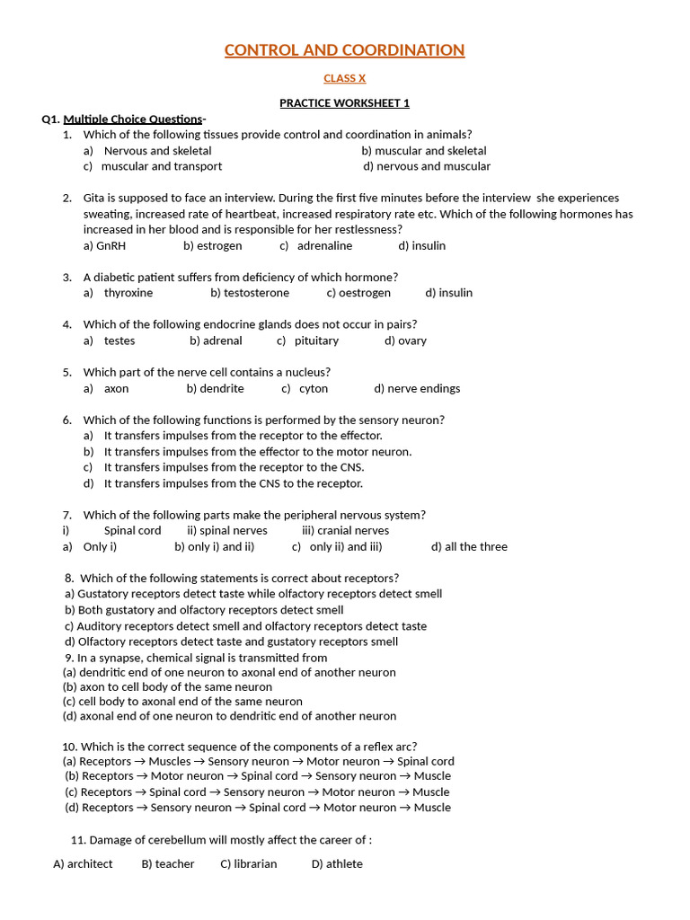 Control and Coordination Worksheet for Class X | PDF | Hormone | Neuron