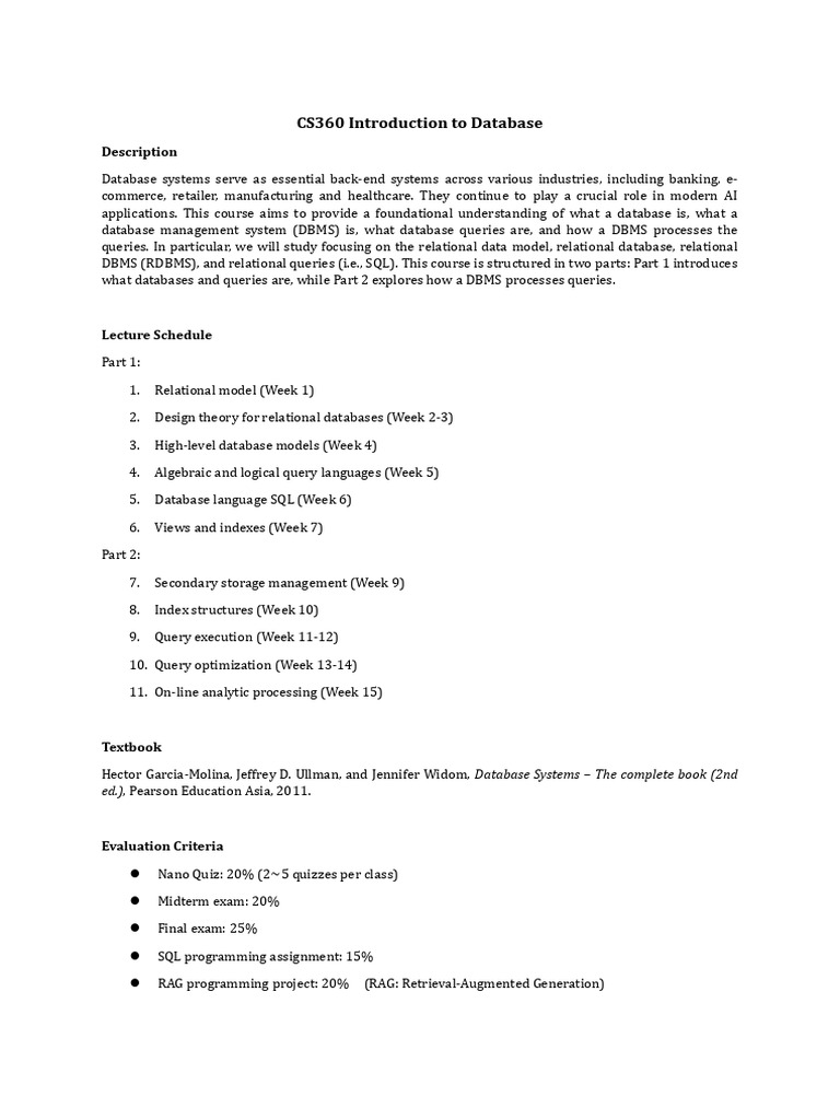 CS360 Database Systems Course Overview | PDF
