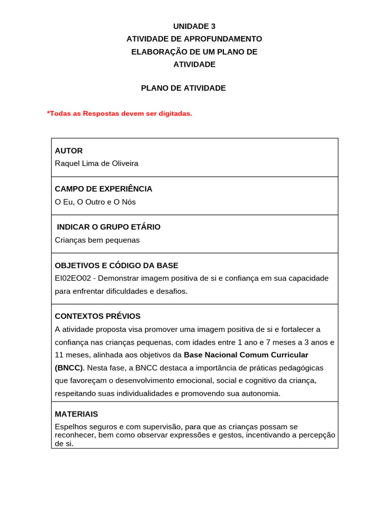 Prática de Ensino em Educação Infantil - Modelo Atividade III - Plano ...