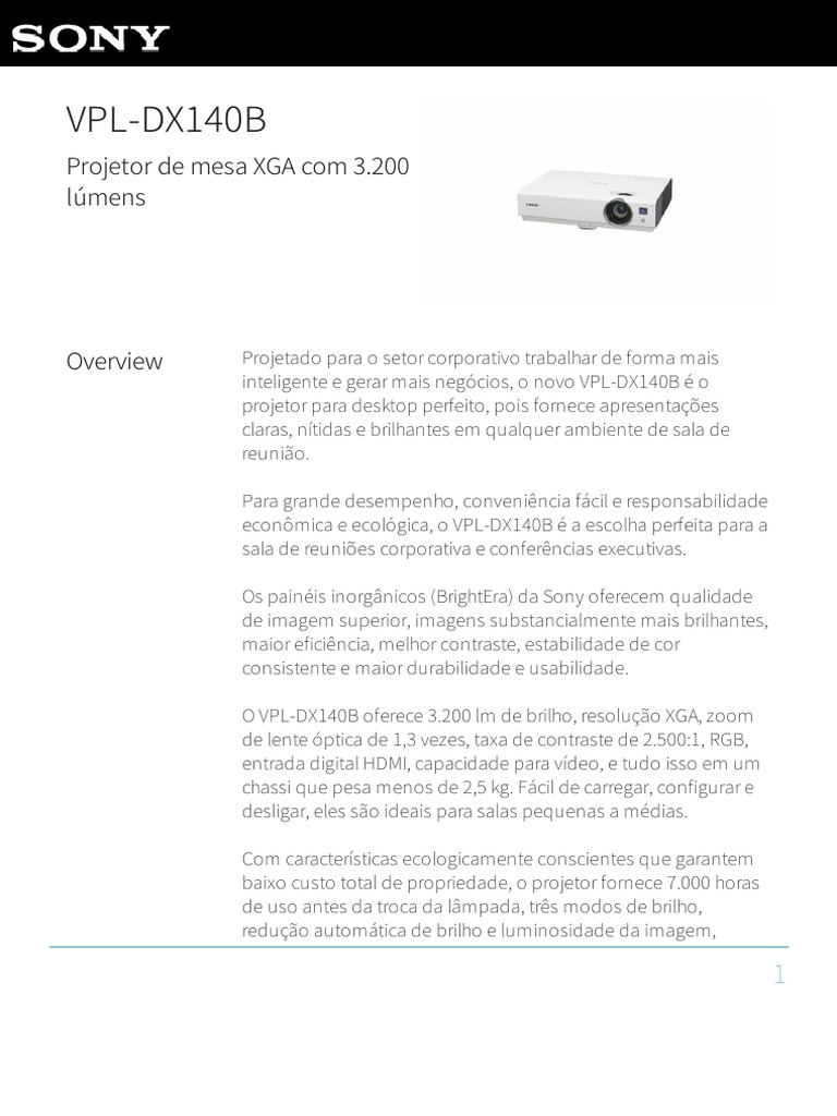 Projetor Sony VPL DX140B XGA 3200 L mens PDF Pixel