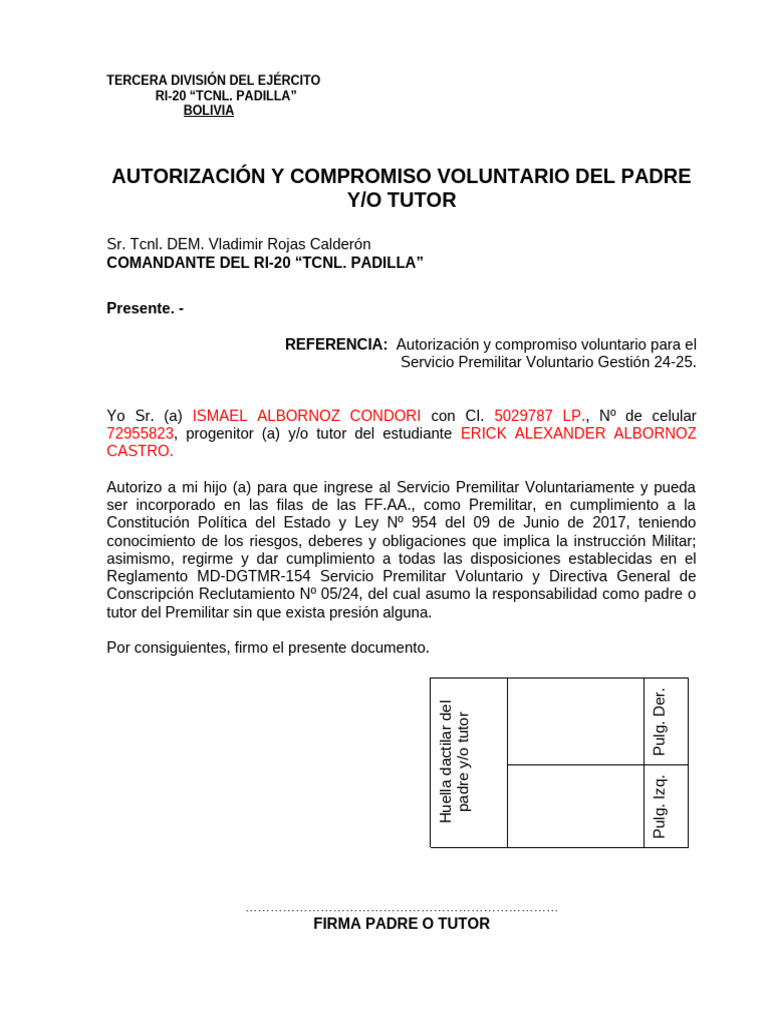 Autorización para Servicio Premilitar RI-20 | PDF