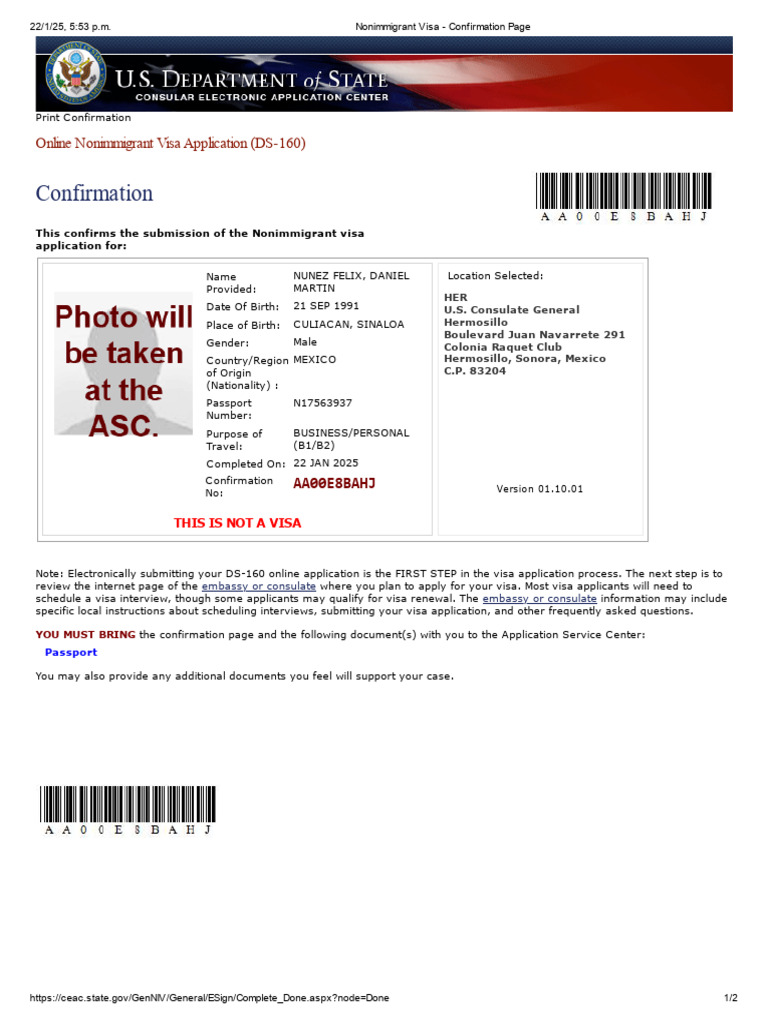 DS-160 Visa Application Confirmation | PDF | Travel Visa | Fingerprint