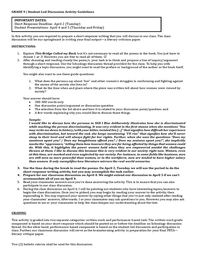 Grade 9 Literary Discussion Guidelines | PDF | Critical Thinking | Thought