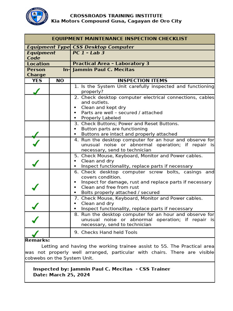 Equipment Maintenance Checklist | PDF