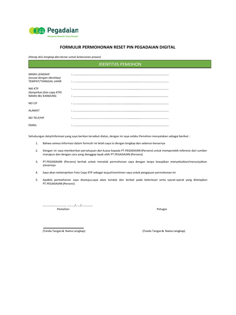 Permohonan Reset PIN Pegadaian Digital | PDF