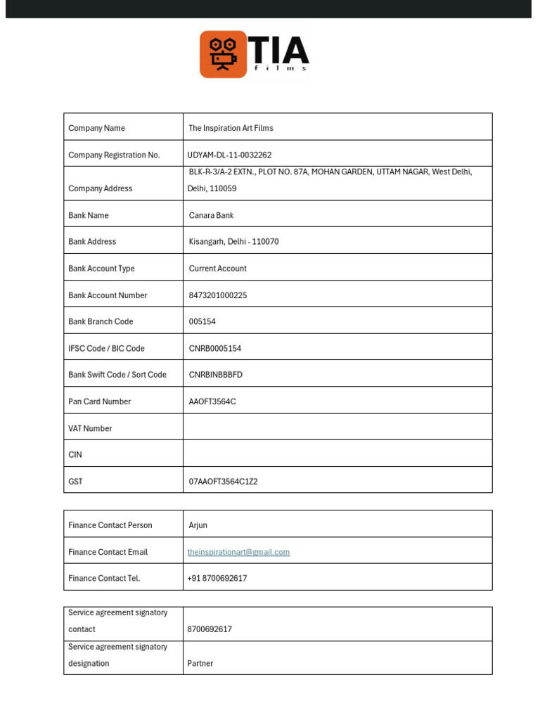 Company Bank Details Template | PDF