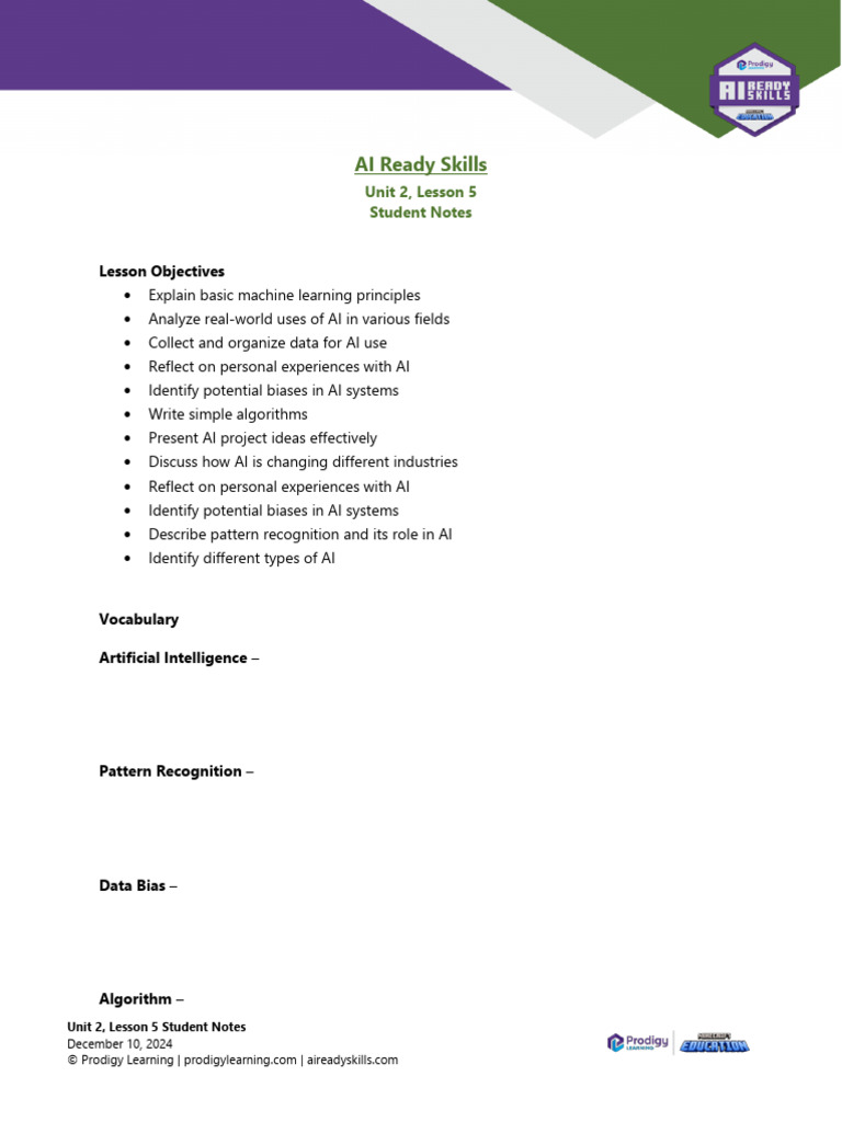 002 Unit 2 Lesson 5 Student Notes 121024 | PDF | Artificial ...