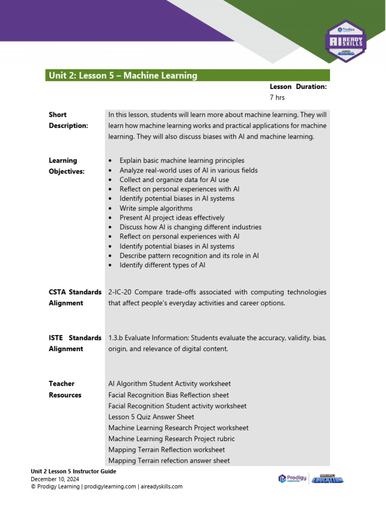 003 Unit 2 Lesson 5 Instructor Guide 121024 | PDF | Machine Learning ...