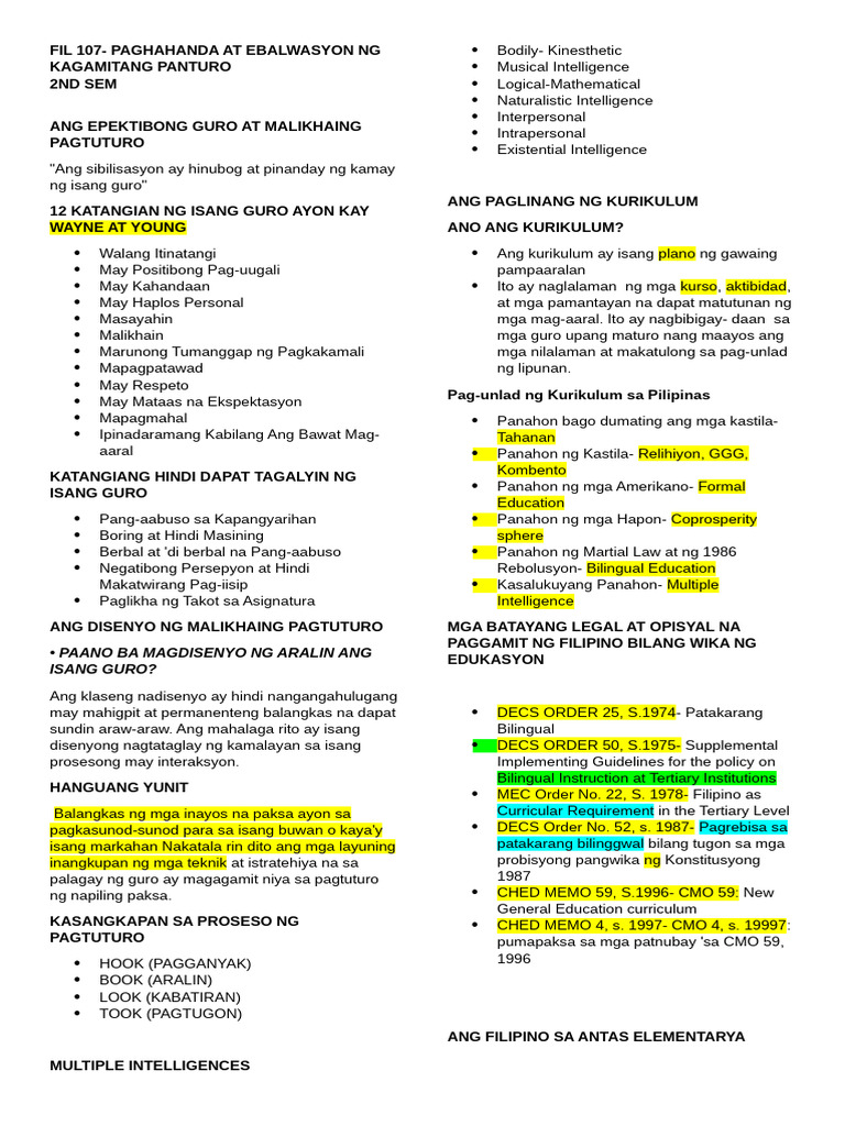 Fil 107 Paghahanda at Ebalwasyon | PDF