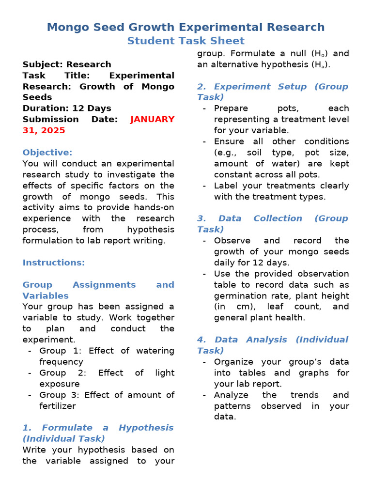 Mongo Seed Growth Experiment Guide | PDF | Experiment | Data