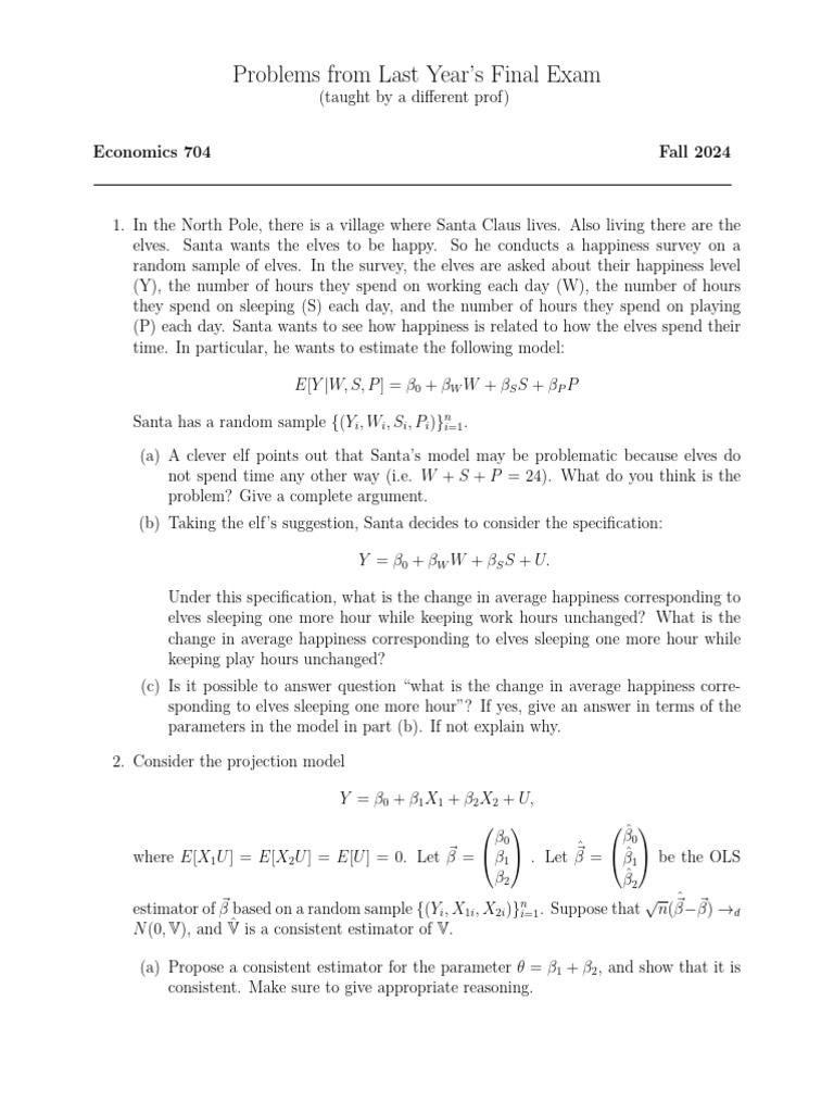 Old Final Exam Problems | PDF | Ordinary Least Squares | Multicollinearity