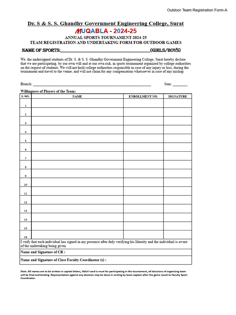 Format for outdoor team registration Format-A (single sem) | PDF