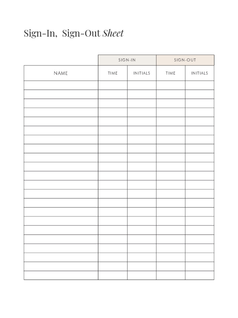 Sign in Sign Out Sheet English | PDF