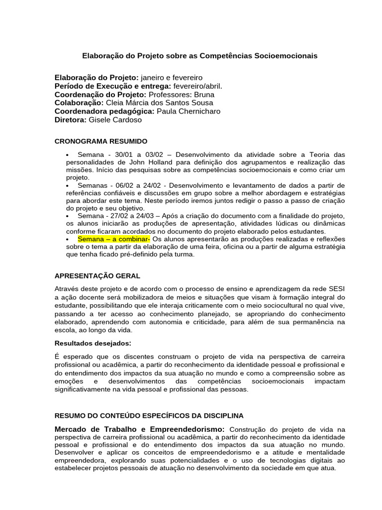 Projeto de Competências Socioemocionais | PDF | Aprendizado | Pedagogia