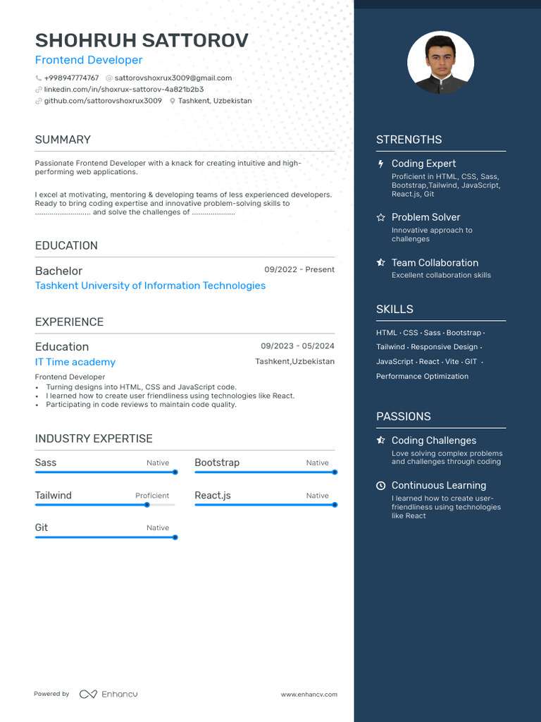 Frontend Developer Resume - Shohruh Sattorov | PDF | Bootstrap (Front ...