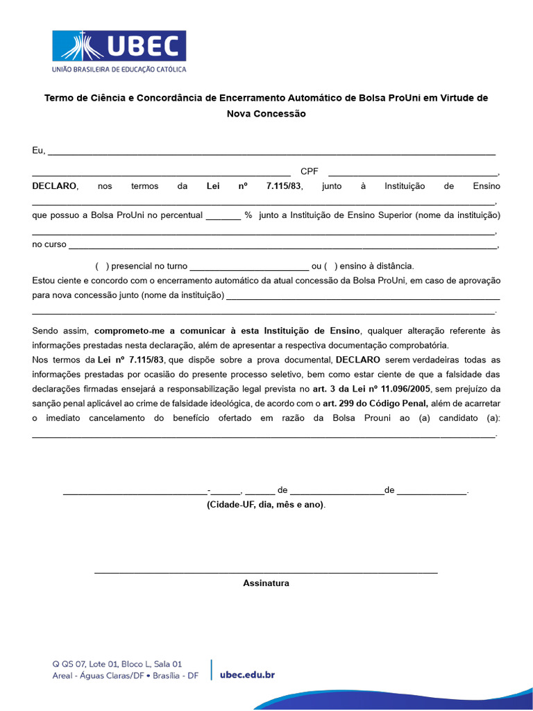 Termo de Concordância ProUni para Bolsa | PDF