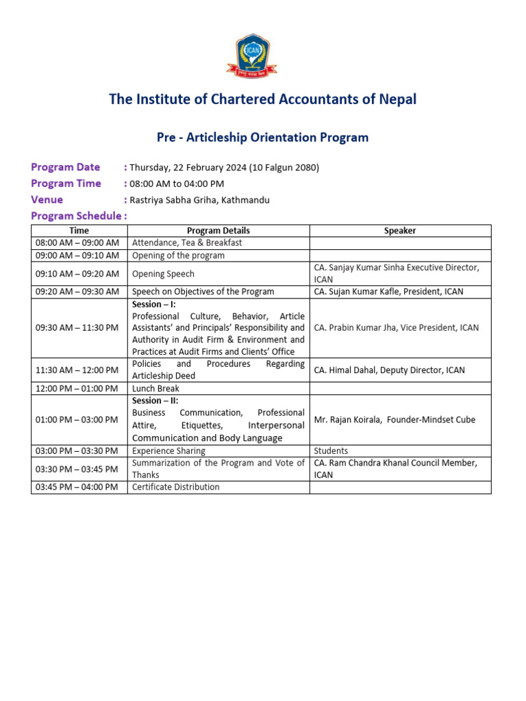 Pre-Articleship Orientation Program Schedule | PDF
