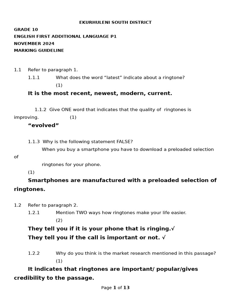 Grade 10 English Marking Guideline 2024 | PDF | Part Of Speech | Human ...