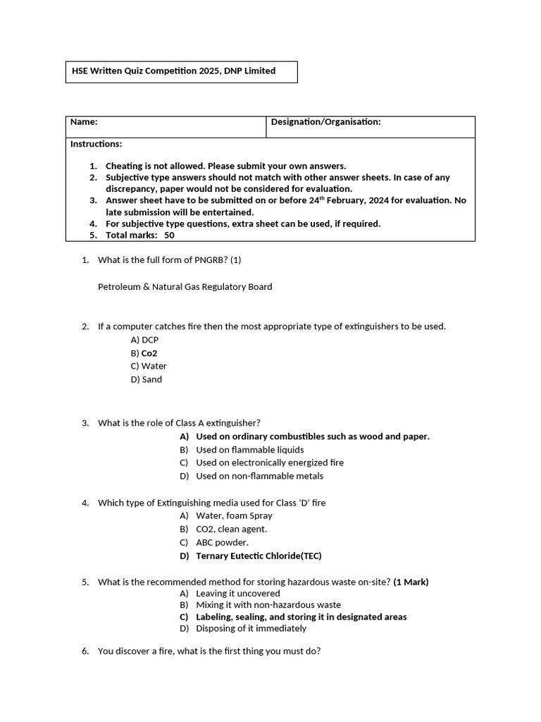 HSE Quiz Questions and Answers 2025 | PDF | Occupational Safety And ...