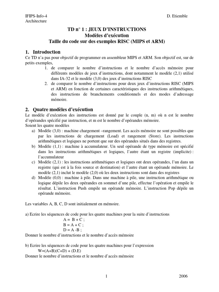 Modèles d'exécution RISC : MIPS et ARM | PDF | Architecture ...