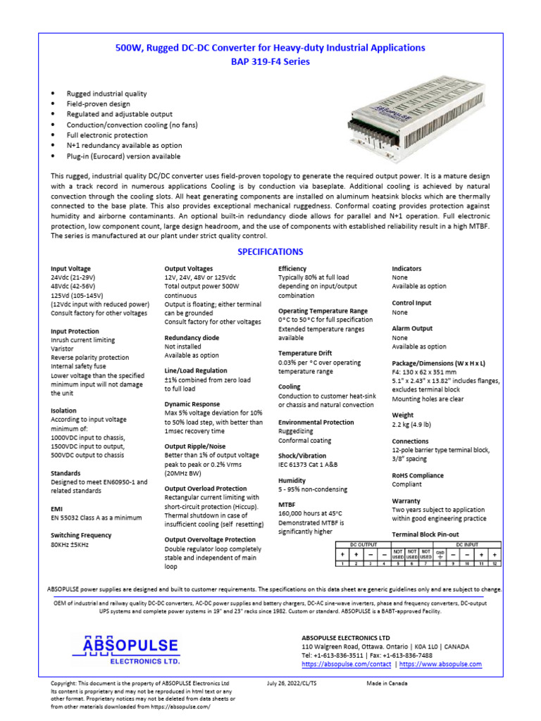BAP 319 F4 DC DC Converters Industrial 500W | PDF | Electrical ...