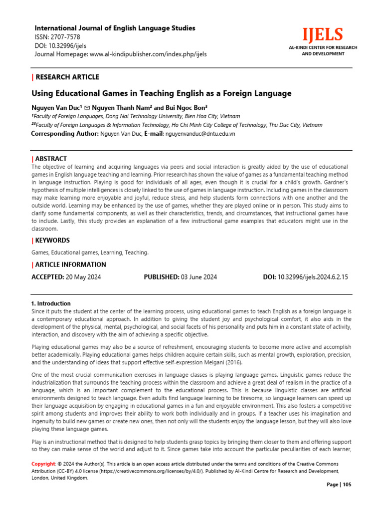 Using Educational Games in Teaching English A Fore | PDF | Learning ...