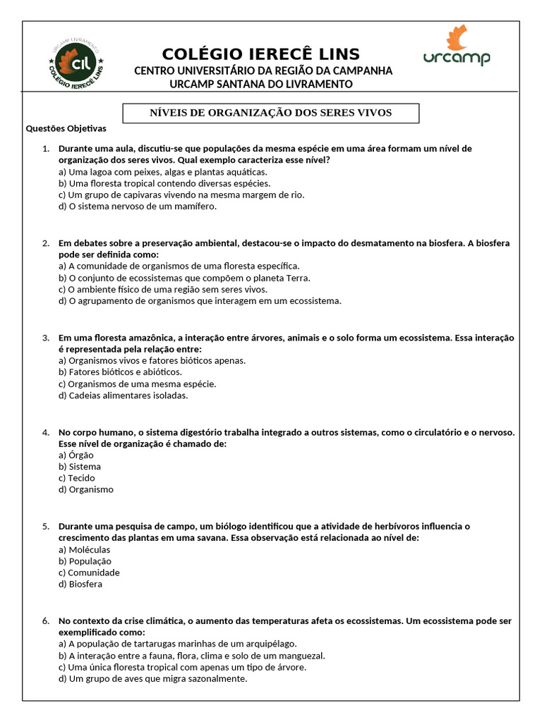 Níveis de Organização dos Seres Vivos: Questões e Respostas | PDF ...