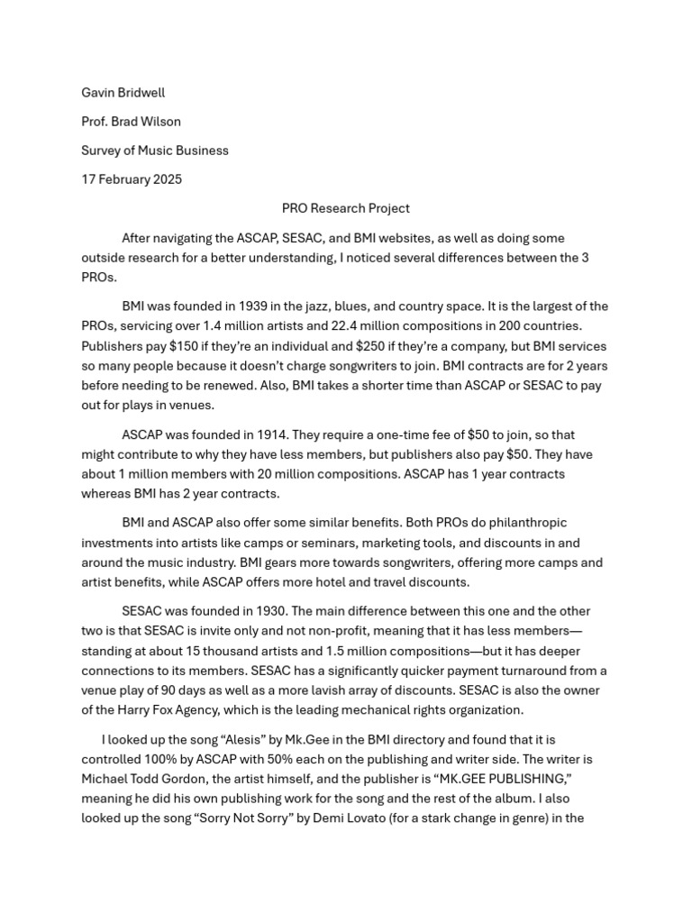 Comparing ASCAP, BMI, and SESAC | PDF