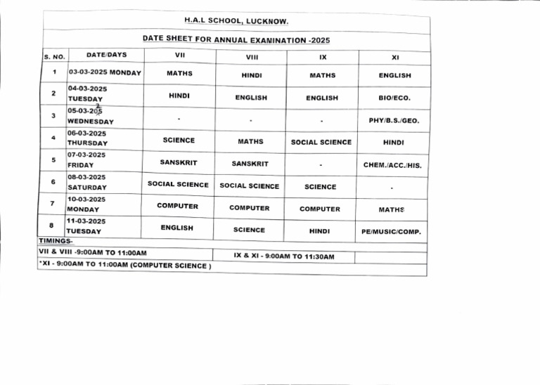 Annual Exam Date Sheet 2025 - H.A.L School | PDF