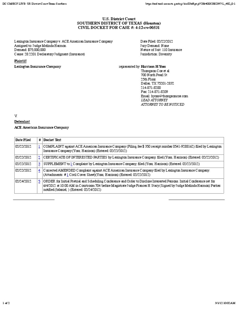 Lexington Insurance Company v. ACE American Insurance Company Docket