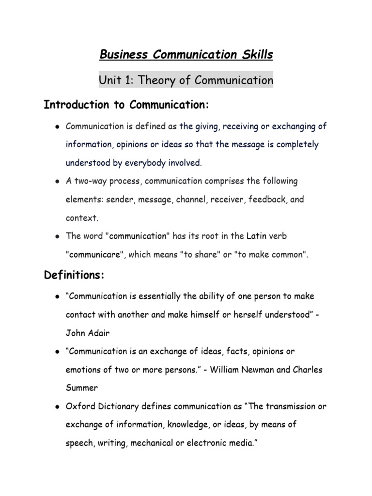 Business Communication Skills Notes- Unit 1.1 | PDF | Communication ...