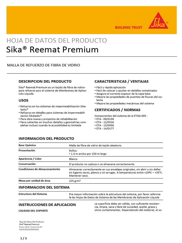 Sika® Reemat Premium: Hoja de Datos | PDF | Materiales