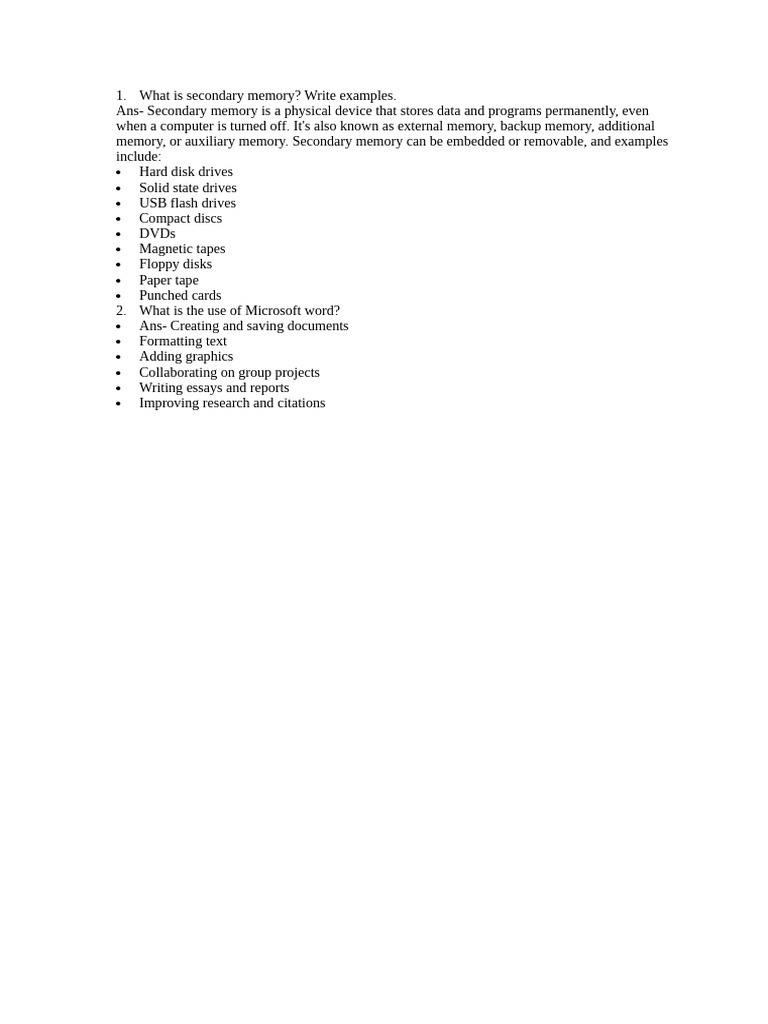 Secondary Memory and Microsoft Word Uses | PDF