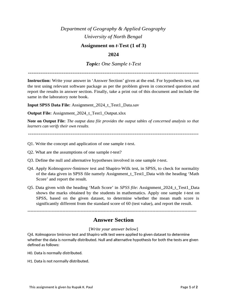 One Sample t-Test Assignment Guide | PDF | Student's T Test | Spss