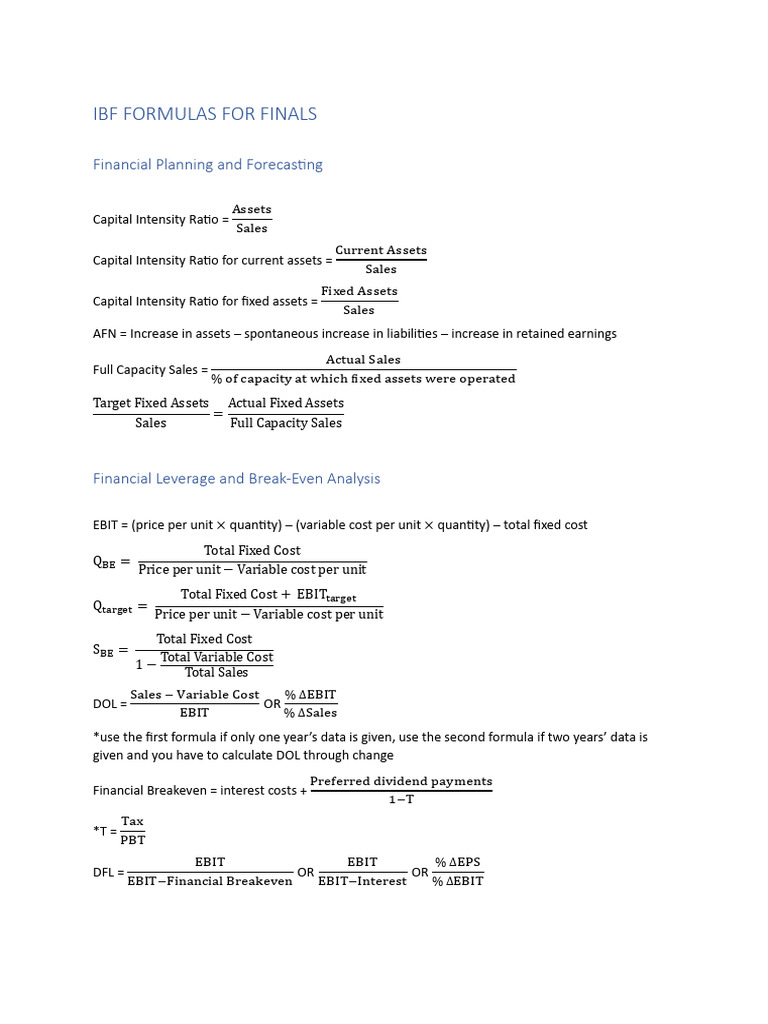 IBF FORMULAS | PDF | Financial Markets | Business