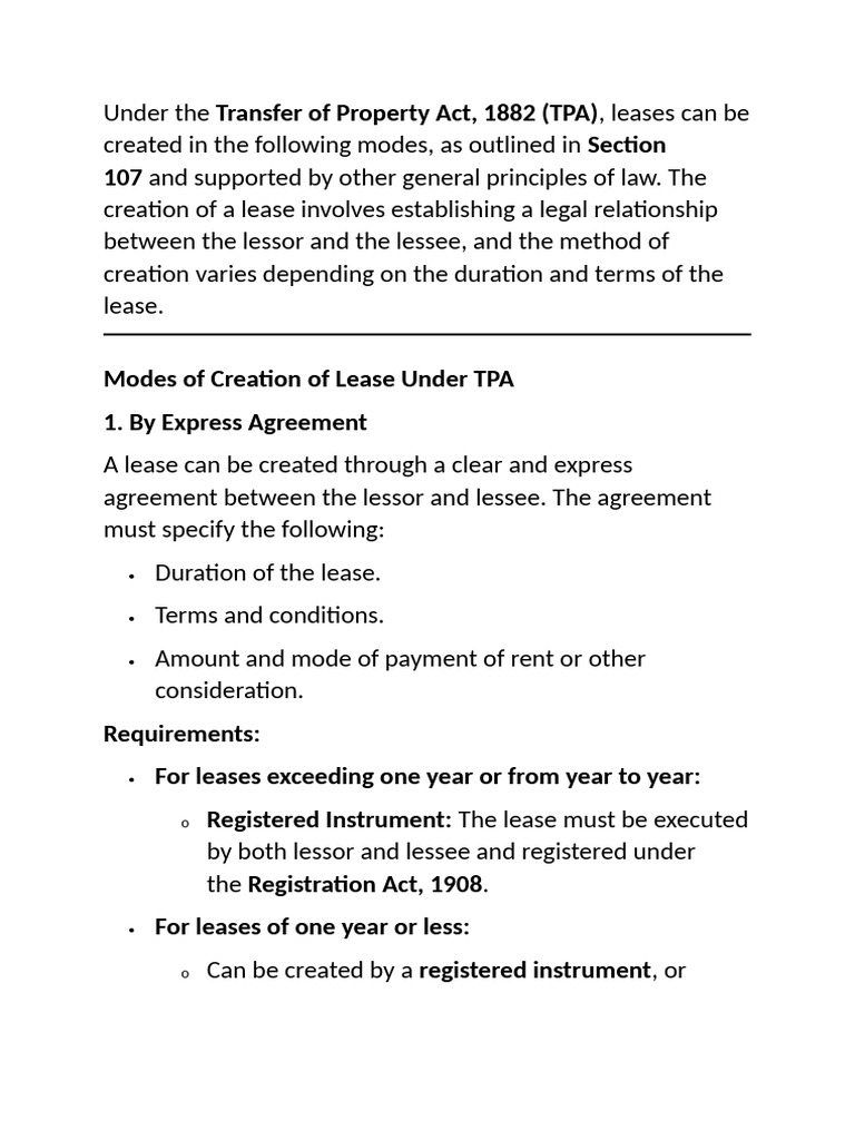 Modes of Lease Creation Under TPA | PDF | Lease | Law And Economics