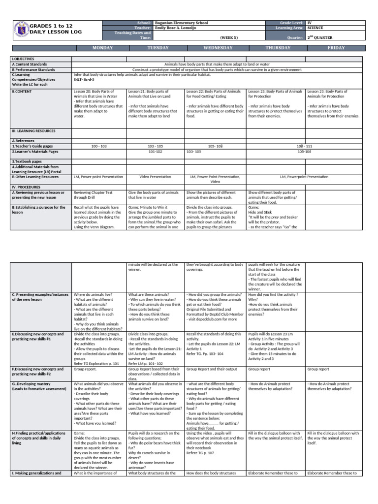 Grade 4 Science Daily Lesson Log | PDF | Learning | Cognition