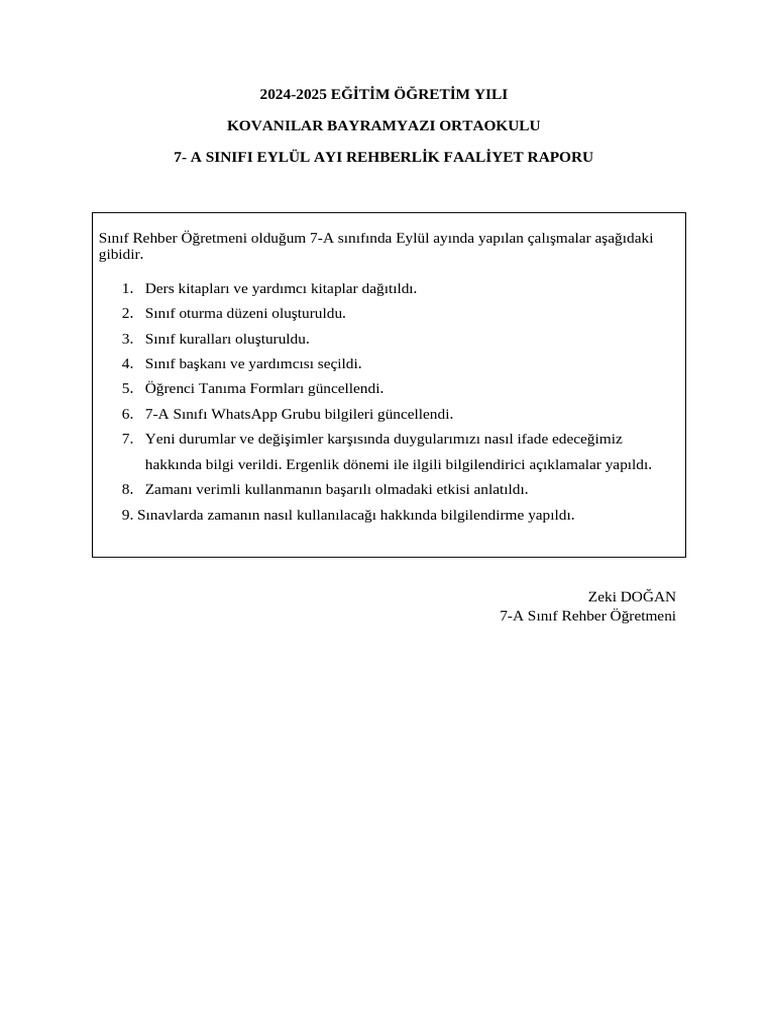 Siniflar Eylul Ayi Rehberlik Faaliyet Raporu 2024 | PDF