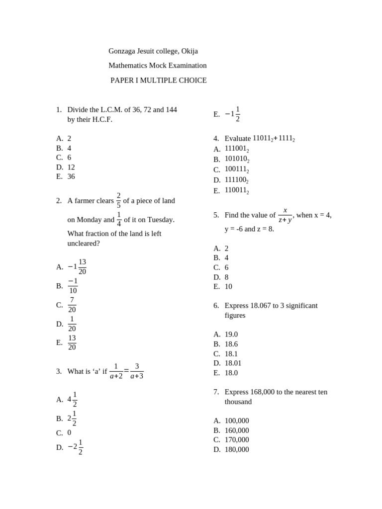 Gonzaga College Math Mock Exam Paper | PDF | Mode (Statistics ...
