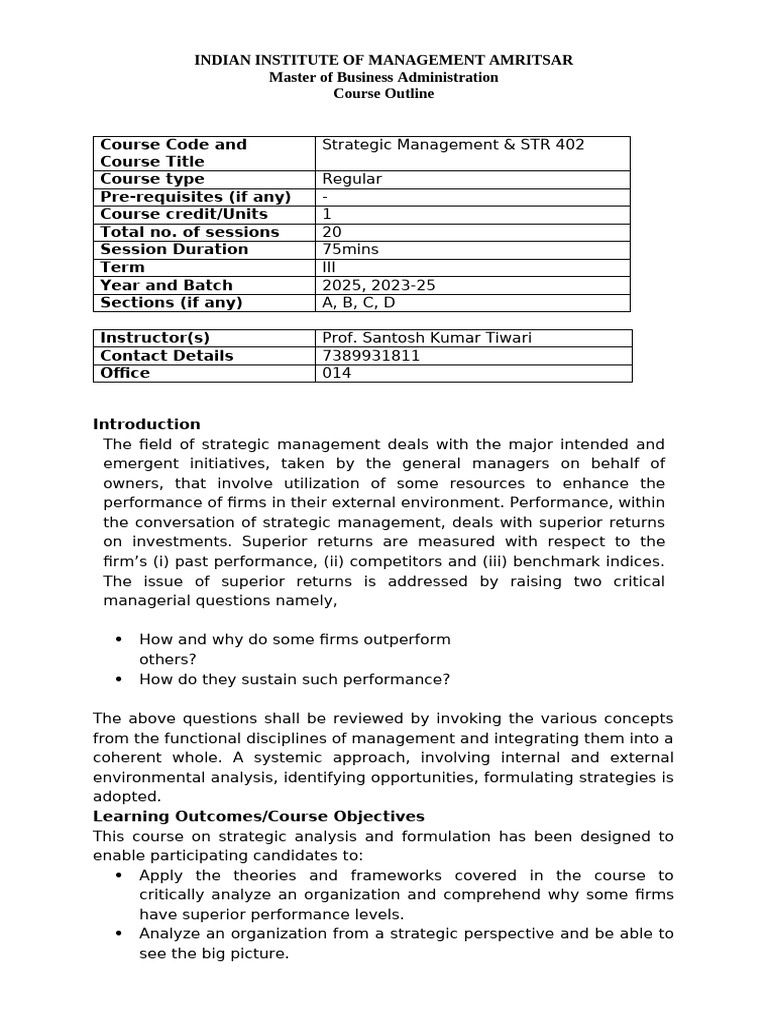Strategic Management Course Outline | PDF | Strategic Management ...