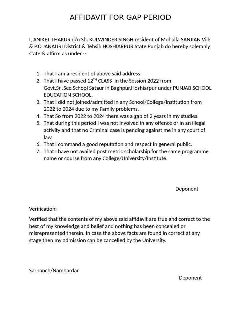 Gap Affidavit for College Admission | PDF