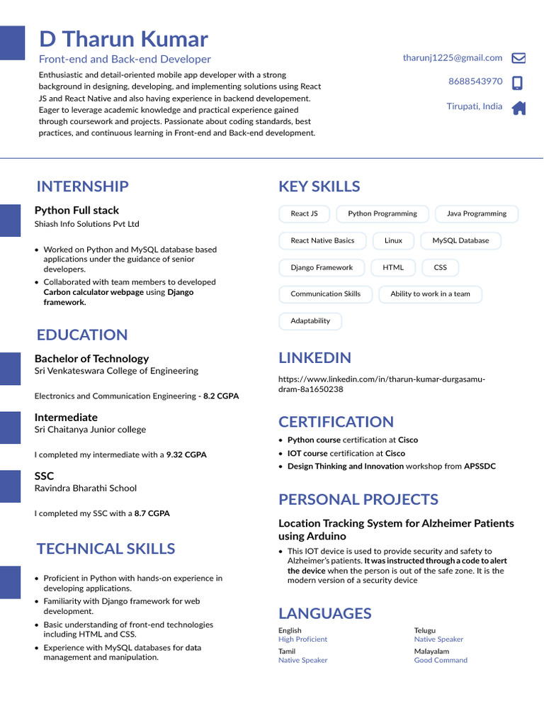 D. Tharun Kumar - Resume | PDF | Python (Programming Language ...