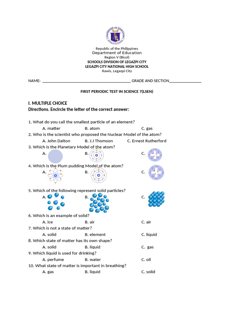 First Periodic Test-Sci.7-Lsen | PDF | Nature | Physical Chemistry