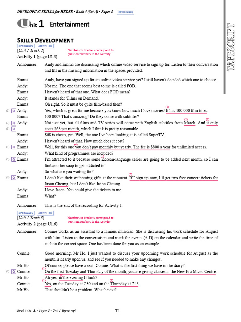 Unit 1 Listening Activities Tapescript | PDF