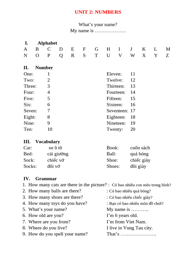 Unit 2: Numbers and Vocabulary | PDF